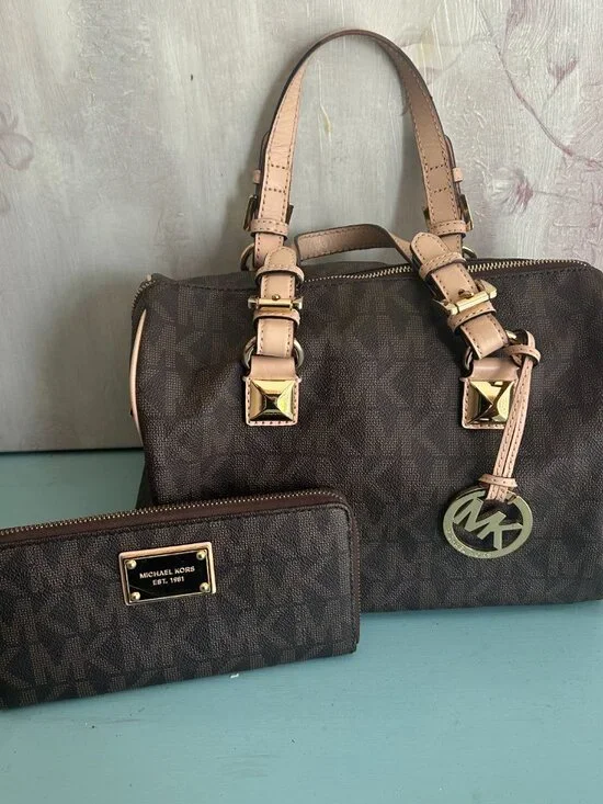 Michael Kors Grayson Monogram Leather Boston Bag Purse Matching Jet Set Wallet - Picture 2 of 16